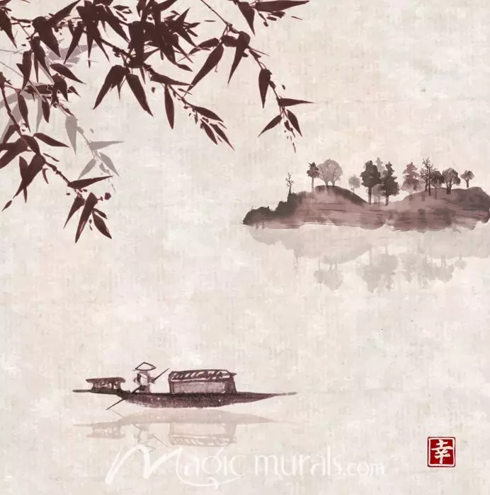 水墨画　「観光船」 Asian Boat Ink Wash Painting 3045 Mural by Magic Murals