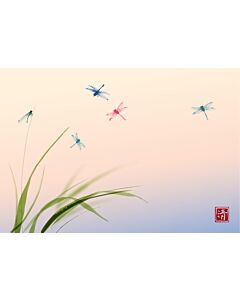 Asian Dragonflies and Grass Color Ink Wash Painting Wallpaper Wall Mural