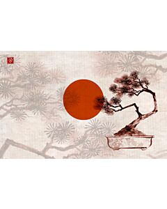 Bonsai and Red Sun Ink Wash Painting 1803 Wallpaper Wall Mural