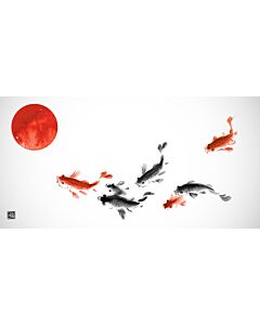 Koi Carp and Sun Ink Wash Painting 8979 Wallpaper Wall Mural