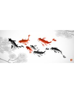 Koi Carp and Pine Ink Wash Painting 7119 Wallpaper Wall Mural