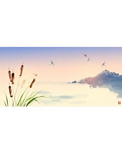 Cattails and Dragonflies Ink Wash 8127 Wallpaper Wall Mural