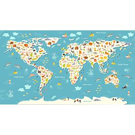 Kids World Map with Illustrated Animals Wallpaper Wall Mural