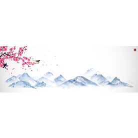 Cherry Blossoms and Mountains Ink Wash 5600 Wallpaper Wall Mural