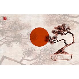 Bonsai and Red Sun Ink Wash Painting 1803 Wallpaper Wall Mural