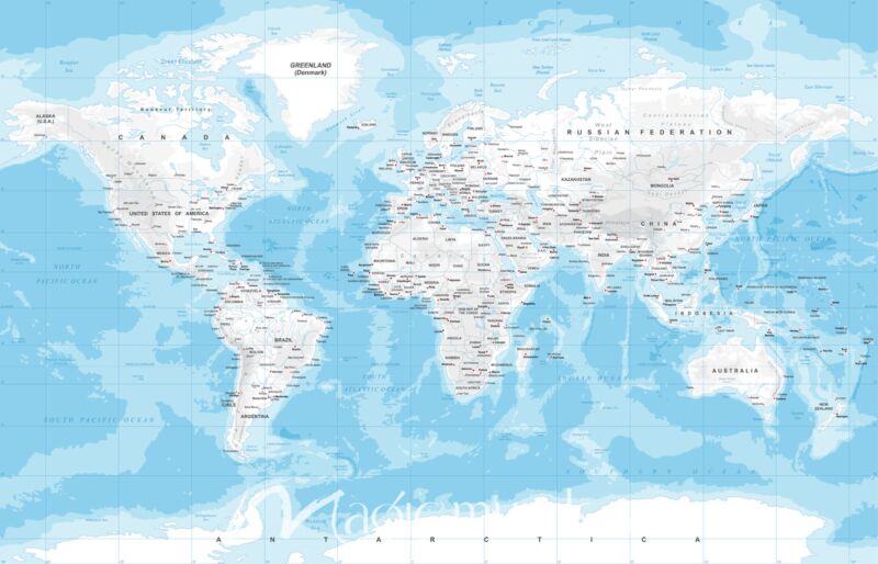 African-Centered Physical World Map in Blue and White Wallpaper Wall Mural