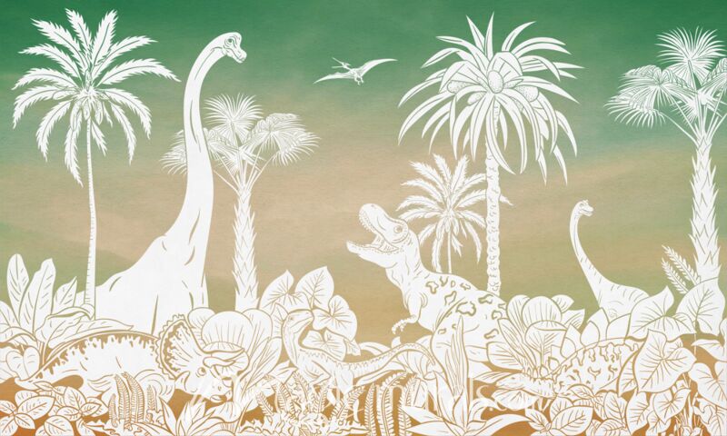 Monochrome Dino - Green Sky by Kikki Belle Wallpaper Wall Mural