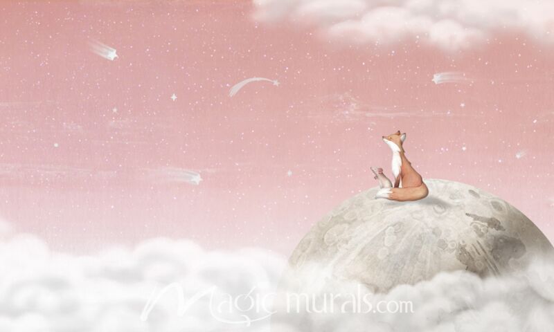 Fox on the Moon - Pink by Oliver Robins Wallpaper Wall Mural