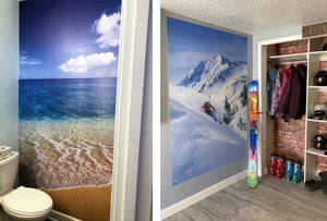 Small bathrooms can be given an expansive view with a wallpaper wall mural. In this restroom, a beach mural featuring a calm ocean and a sandy shore make the room relaxing indeed. For excitement, however, there&rsquo;s nothing like the extreme sports skiing wal