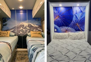 Wallpaper murals are great in tiny bedrooms where space for headboards is in short supply. The first image shows a wall mural in an RV camper bedroom featuring snowy mountain wallpaper. The second image shows a small bedroom with a wall mural featuring bl
