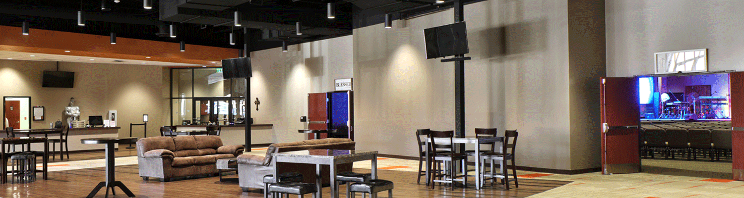 This animation shows the amazing transformation of the lobby and community area of a mega church by simply adding an abstract modern mural customized with a Bible verse 1 John 4:19.