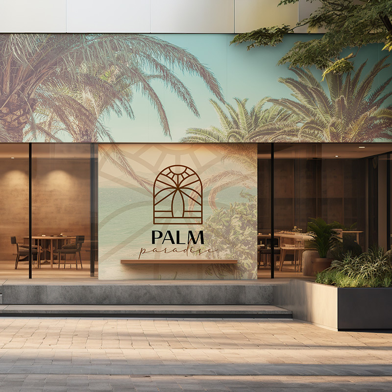 The harsh, commercial-looking exterior of the upscale Palm Paradise restaurant was given a sophisticated fine-dining look with the application of exterior wall covering materials depicting ritzy palm trees across the entire top of the facade.