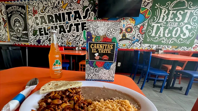 This photo shows the custom mural we created for Mexican restaurant Carnitas El Taste in Yuma, Arizona. We combined a number of images the owner liked into graffiti wallpaper. It creates the perfect “whole-in-the-wall,” vibe.