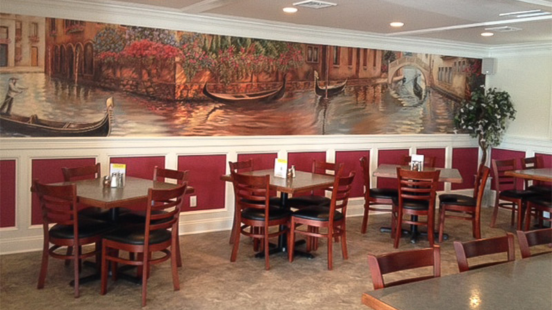New Haven pizza restaurant gets an upscale look with this wallpaper mural reproduction of a painting of gondolas along the canals of Venice. Wallpaper murals like this give the impression of a custom paint job.
