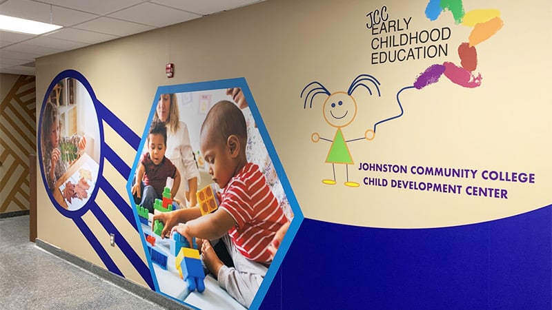 A printed wall mural adorns the entry of the Early Childhood Education center at Johnston Community College. The mural image immediately identifies what educational achievements are being realized within the education center.