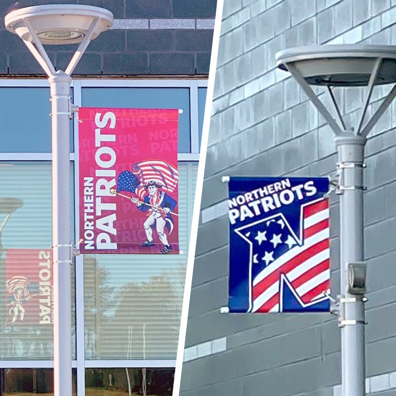 Custom printed hanging vinyl banners and perforated mesh banners hung from outdoor security lighting and parking lot street lamps are a great way to provide a spirited welcome to school students, teachers, staff and visitors.