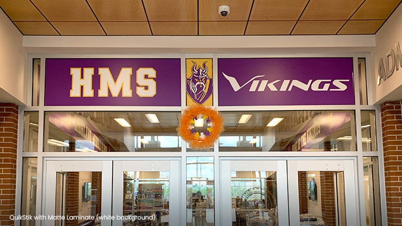 The window graphics in the entry vestibule at Harnett Middle School welcome students, teachers and visitors with their school mascot and team colors. Window films and graphics are the perfect way for a school or college to make a great first impression.