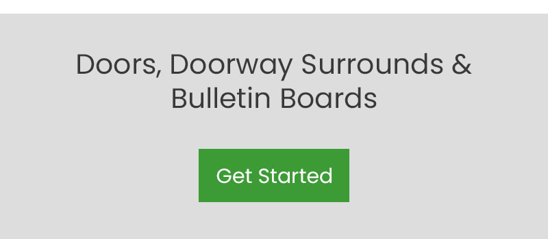 Doors, doorway surrounds and bulletin board murals