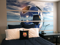 artistically cut abstract soccer mural in teens bedroom