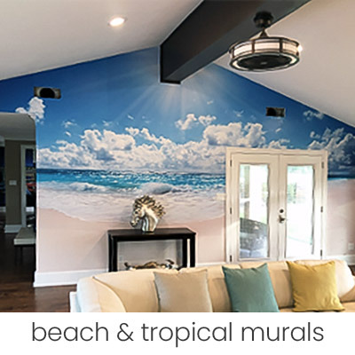 bright sunshine beach mural feature wall with vaulted ceiling