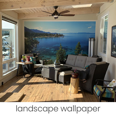 bright sunroom adorned with a mural featuring a beautiful view of kayakers on the blue waters of Lake Tahoe surrounded by the Sierra Nevada mountains & forests