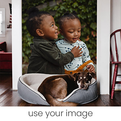 custom mural-narrow wall featuring photo of 2 happy children in fall outfits as the backdrop to the resting area for the family dog