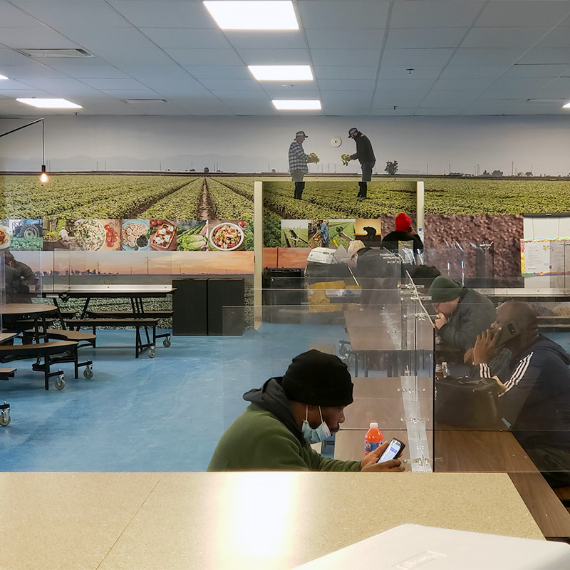 A large corporate cafeteria wall is covered in a printed mural depicting the agricultural farm goods produced and distributed by the company.