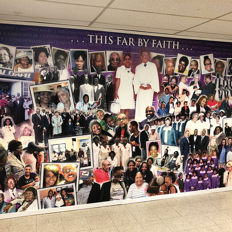 A lovely custom collage wall mural featuring the many parishioners and followers adorns a common room at the Transfiguration Baptist Church. A mural like this is the perfect way to recognize your congregation's members.