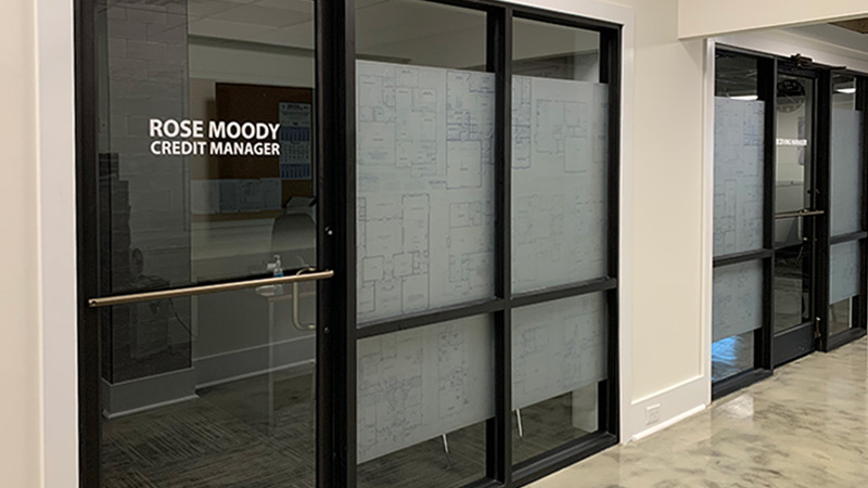 Frosted window films can be cut, etched and printed on to give corporate and professional offices an upscale look with added privacy benefits.