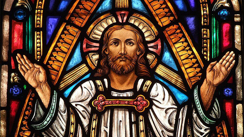 This is an example of the many Christian stained glass wallpaper murals available at Magic Murals. This one is called "Jesus Blessing."