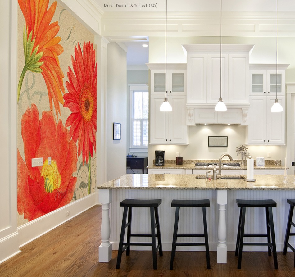 macro over-sized painted colorful daisy and tulip flowers in neutral white kitchen with granite sit-in kitchen island and glass upper cabinetry