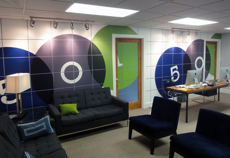 501 Realty custom office branded mural for wall with obstacles like doors to work around