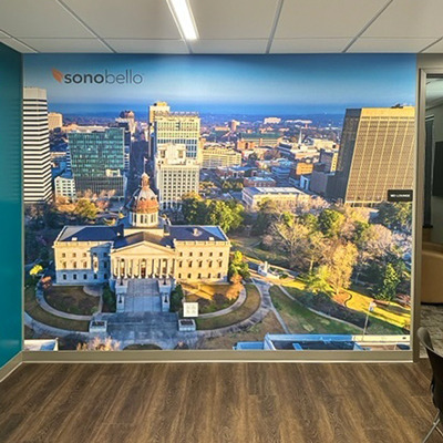 branded sonobello cityscape wallpaper in breakroom