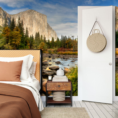 custom vacation landscape scene mural with door obstacle work around