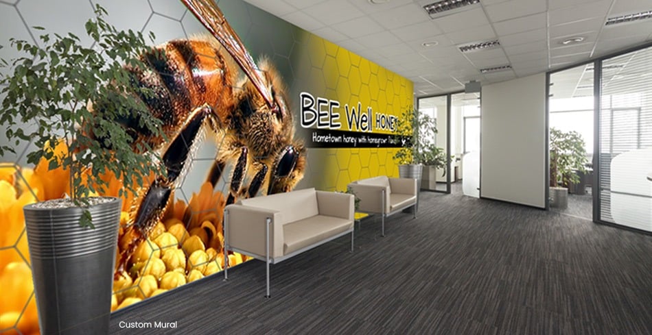 Bee Well Honey custom branded mural for their corporate office headquarters bringing life to the space for employees and visitors